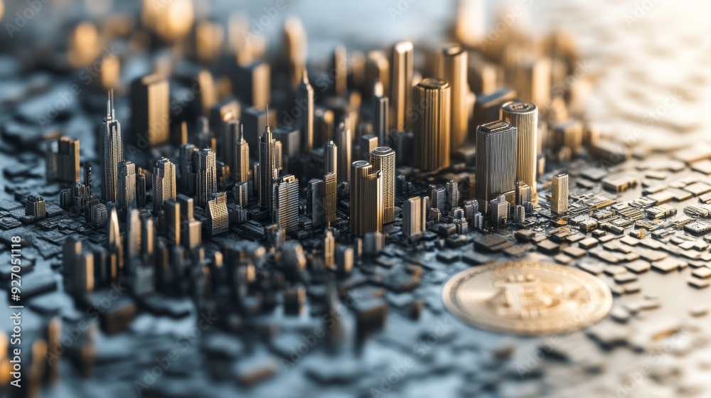 Poster merged cityscape and coin imagery, representing the synergy between urban environments and financial