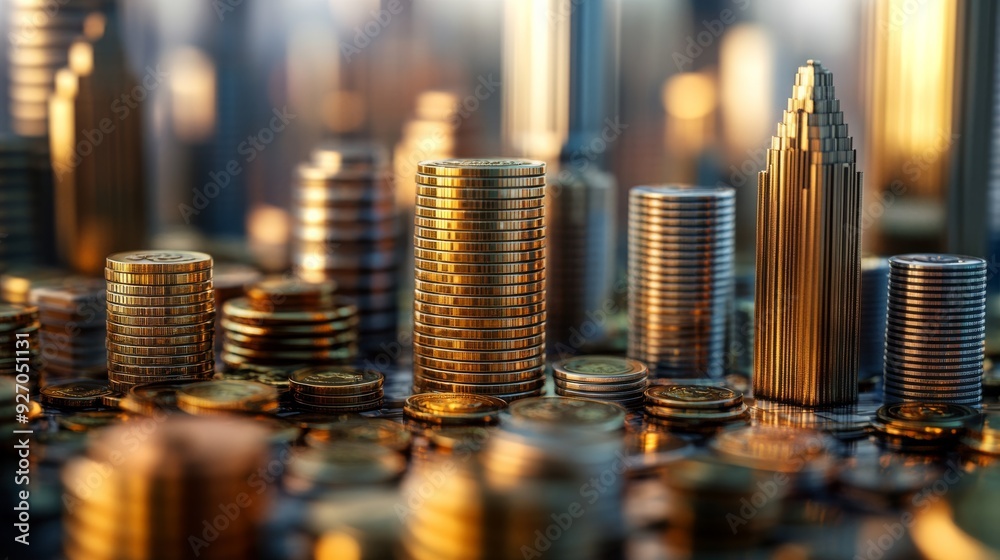 Poster merged cityscape and coin imagery, representing the synergy between urban environments and financial