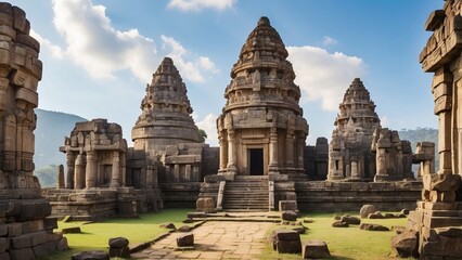 Fototapeta premium Ancient temple complex with towering statues, carved stone walls, and sacred atmosphere