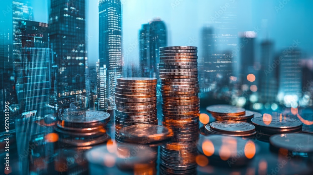 Poster double exposure of skyscrapers and coin stacks, illustrating the connection between financial manage