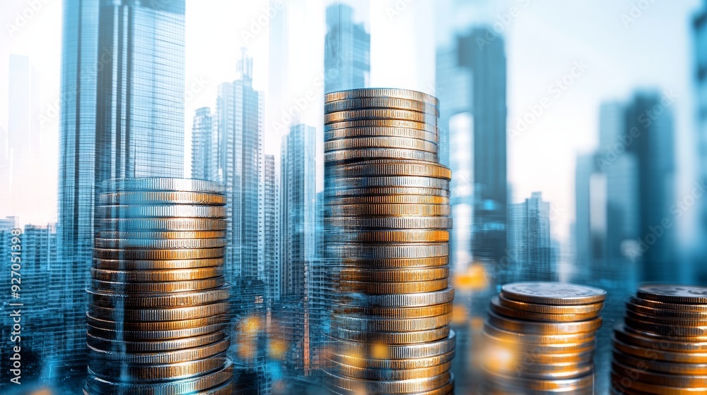 Poster Double exposure of skyscrapers and coin stacks, illustrating the connection between financial management and urban development.