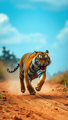 Fototapeta premium A tiger is running through a dirt road