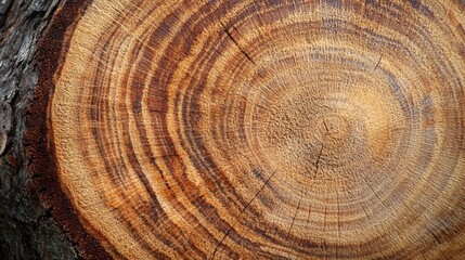 Naklejka premium Cross-cut of a large log with pronounced growth rings and a rich, earthy texture, ideal for a natural and organic wallpaper effect.