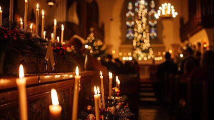 Christmas Eve Service with Choir Singing Carols and Candlelit Decoration in a Beautiful Church Setting