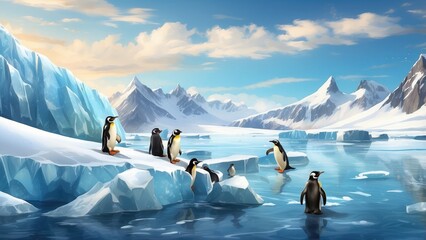 Playful penguins sliding down icy slopes, Antarctic landscape, snow and ice all around, joy