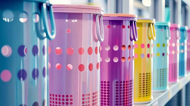 Colorful Plastic Laundry Baskets in a Row in Household Goods Store