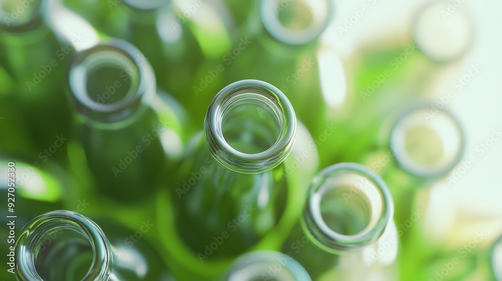 Poster aerial view of symmetrical green perfume bottles on intricate geometric background with bright diffu