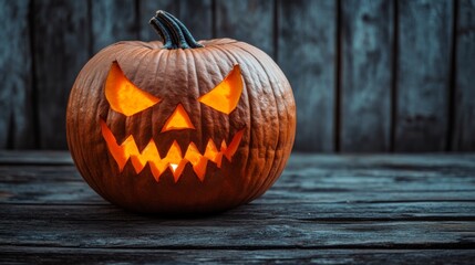 Obraz premium A sinister Halloween pumpkin with sharp, eerie features sits on an old wooden plank background, casting a spooky glow in the dim light.
