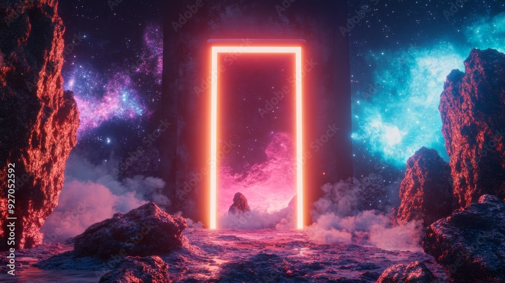 Poster a futuristic, high-tech door with led lights opens to a dazzling, alien planet with strange rock for