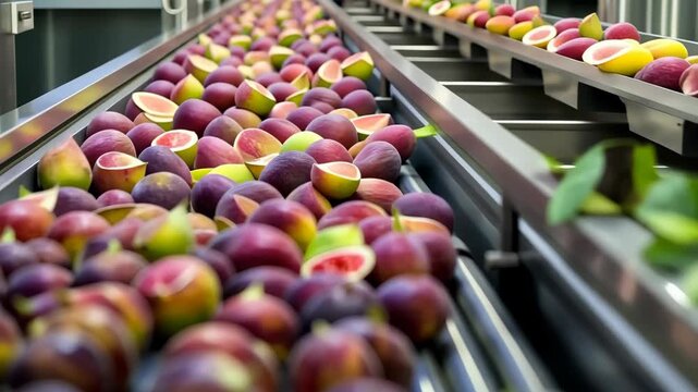 Fresh Ripe Figs on Industrial Conveyor Belt in Food Processing Factory
