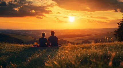 44. A couple enjoying a peaceful sunset picnic on a hilltop with a beautiful panoramic view of rolling landscapes and a golden sky