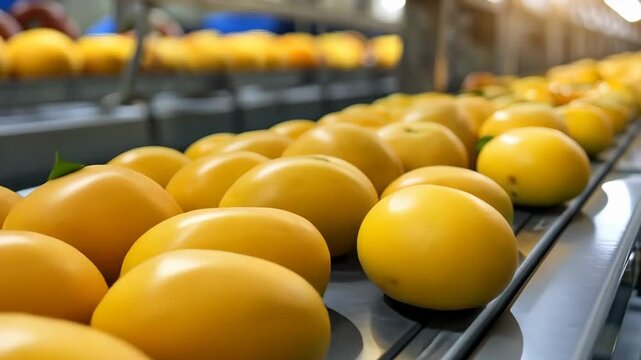 Mango Processing Plant with Fresh Mangoes on Conveyor Belt in Industrial Setting