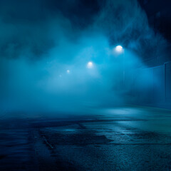 Fototapeta premium A dark empty street, in dark neon lights, studio room with smoke blue-tinged foggy underpass at night with intense light beams cutting through the mist, highlighting the urban textures