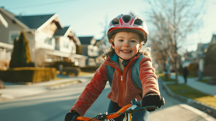 Obraz premium Joyful Child Riding Bike Through Suburban Neighborhood Wearing Helmet for Safety