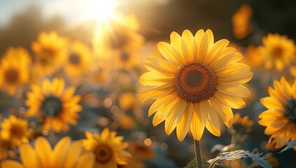 Obraz premium A field of yellow sunflowers with the sun shining on them