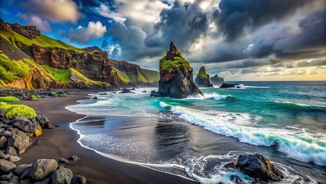 dramatic volcanic landscape black sand beach rugged coastline turquoise ocean waves crashing misty atmosphere mysterious ancient petroglyphs hidden secrets concept