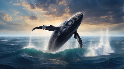 Giant whale breaching the ocean surface, water spraying, dramatic sky and horizon in the background.