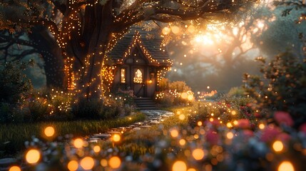 Whimsical Backyard Garden with Twinkling Fairy Lights,Magical and Enchanting Atmosphere