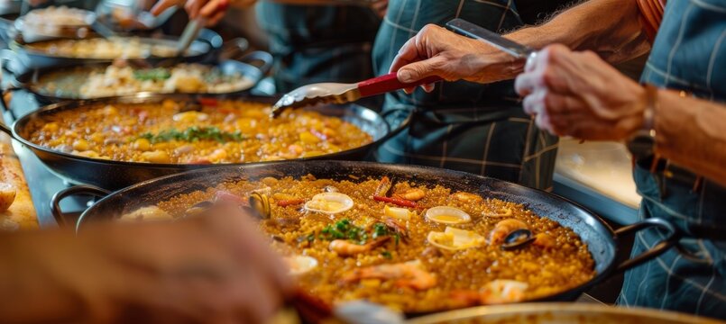Middle Aged Friends Enjoy Cooking Class Learning to Make Traditional Spanish Paella with Chef's Guidance