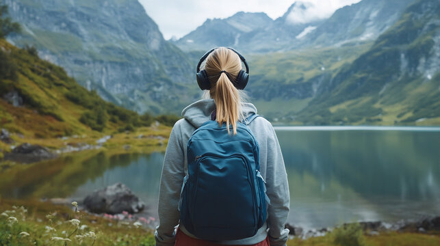 Young woman with a backpack and headphones enjoying a serene mountain lake view, immersed in nature and solitude - Powered by Adobe