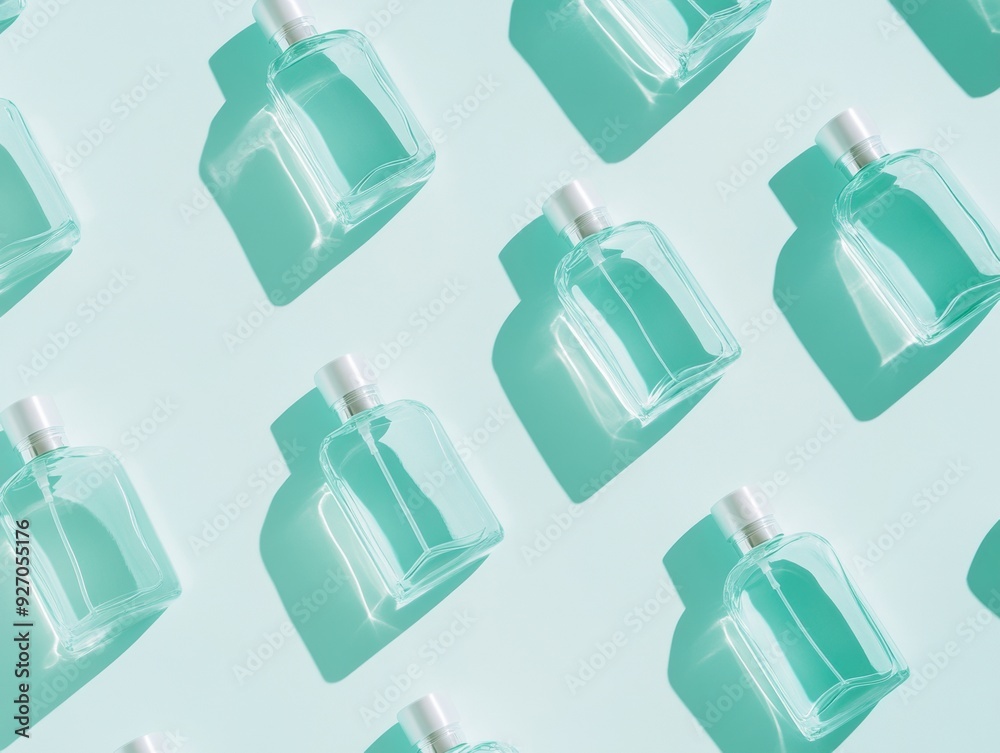 Poster pastel-colored pattern of green perfume bottles with soft shadows on a pale blue background in brigh
