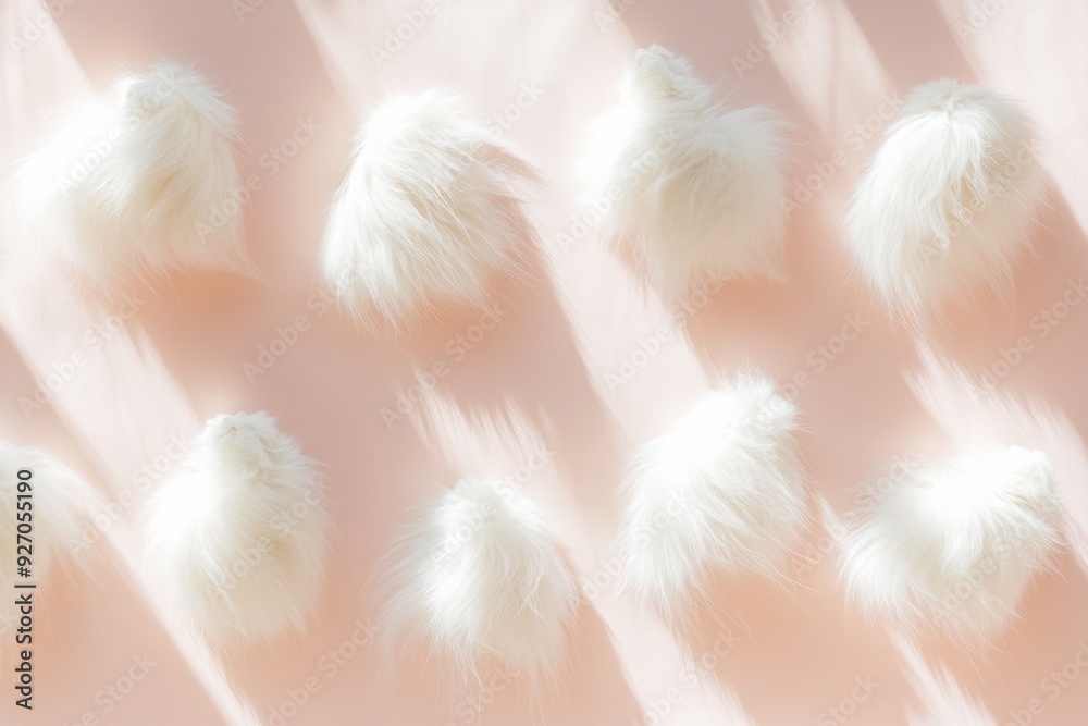 Aufkleber Pattern of White Cat Fur Tufts on Pastel Pink Background – Sunny Day Vibes with Shadows Creating Depth