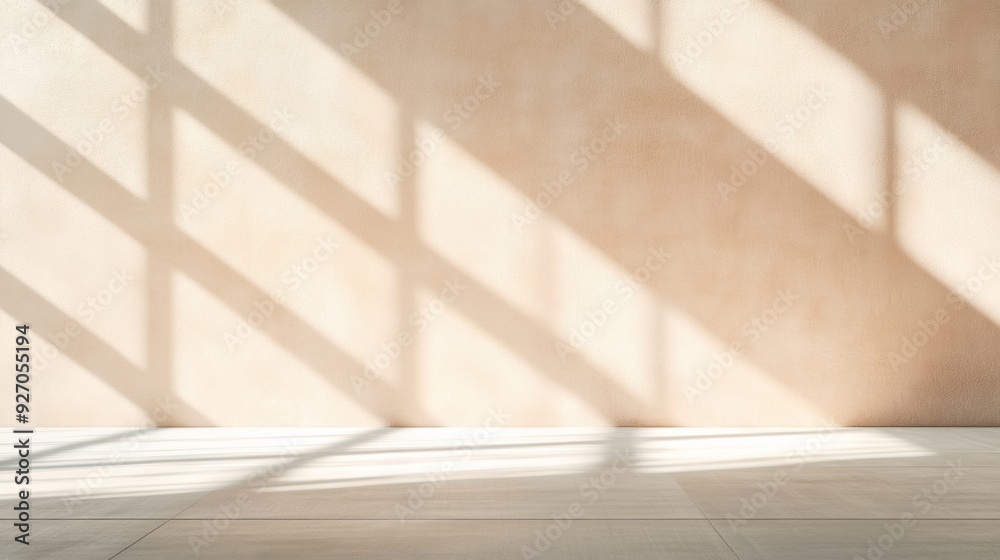 Poster minimalist urban wall with soft light beams and shadows in beige tones creating a serene atmosphere 