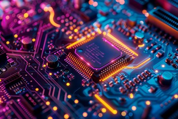 Obraz premium Close-up of a colorful circuit board with glowing lines and a central processor.