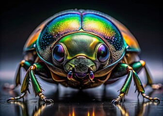 Fototapeta premium hyper-realistic close-up of beetle's compound eyes on glossy black surface with subtle rim light and shallow depth of field