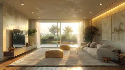 Fototapeta premium Minimalist Contemporary Living Room with Sleek Furniture and Neutral Tones