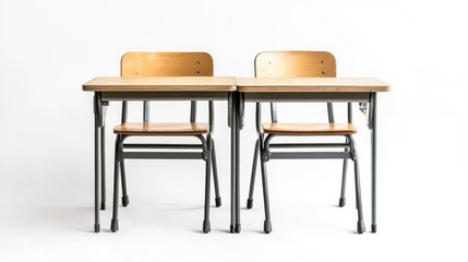Functional school desk and chairs isolated on a clean white background, capturing the essence of classroom furniture