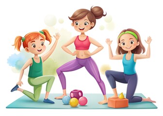 Fototapeta premium A woman and kids doing yoga illustration