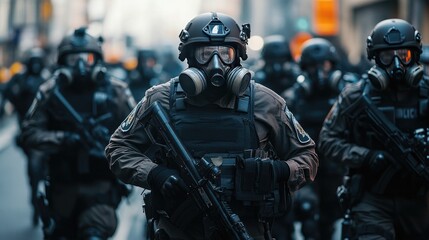 Fototapeta premium Group of policemen in body armor and gas masks patrolling city streets, emphasizing security measures and public safety in urban areas