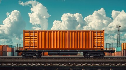 Naklejka premium Industrial train with a large container on top, moving on tracks, representing heavy cargo and efficient logistics