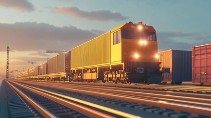 Fototapeta premium Industrial train with a large container on top, moving on tracks, representing heavy cargo and efficient logistics