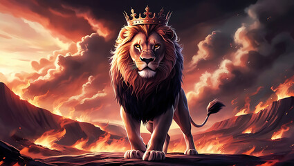 Lion king with a golden crown on a fire background, lion of Judah, lion wallpaper