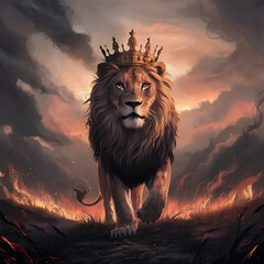 Lion king with a golden crown on a fire background, lion of Judah, lion wallpaper © Sohel Rana