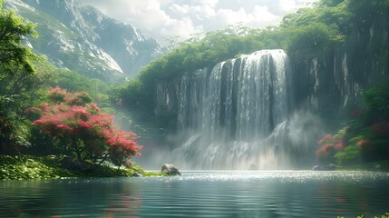 Fototapeta premium Majestic Waterfall Cascading Through Lush Green Forest Landscape