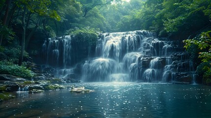 Majestic Waterfall Cascading Through Lush Green Forest Landscape