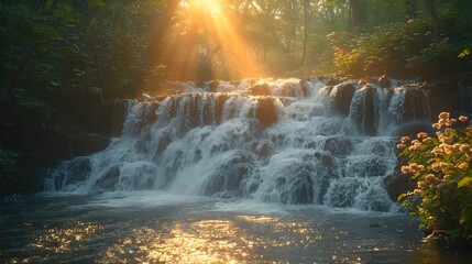 Majestic Waterfall Cascading Through Lush Green Forest,Nature's Powerful Beauty on Display