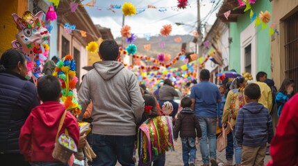 Naklejka premium Festive Las Posadas Celebration in Mexico with Colorful Decorations and Traditional Procession