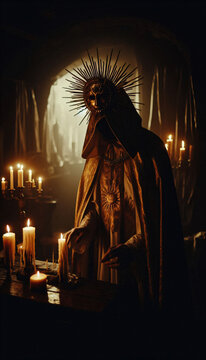 person in a golden cloath with a sun crown dark horror cinematic pagan ritualistic theme 