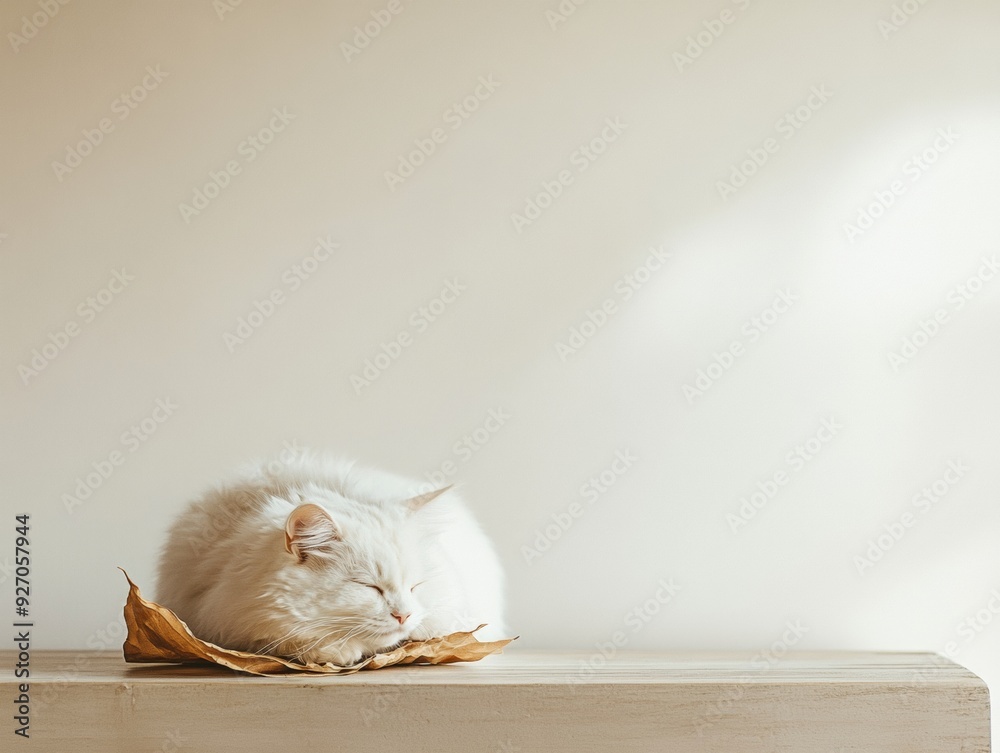 Poster abstract long exposure of a white cat on a soft pink background, featuring symmetrical blurred eleme