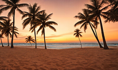 Obraz premium A sunset paints the sky in hues of orange pink over a tranquil beach with a palm tree swaying gently. Waves kiss the shore. Generative AI.