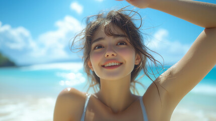 Naklejka premium 笑顔で両手を上げる女性
