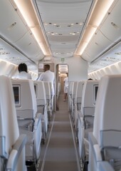 Modern Airplane Cabin with Male and Female Flight Attendants Assisting Passengers During Daytime Flight, Clean and Professional Atmosphere