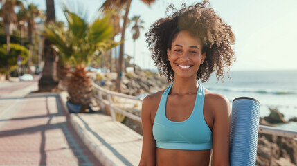 Smiling woman with yoga mat walking along seaside promenade
