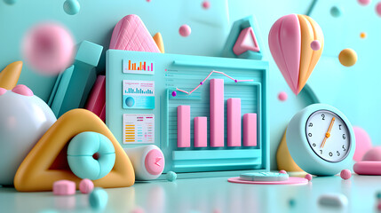 Abstract data visualization concept with colorful 3D shapes, graphs, and clock, representing analytics and statistics.