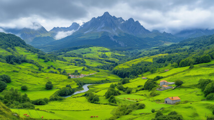 A stunning mountain landscape typical of Asturias, Spain, captured in a realistic photographic...