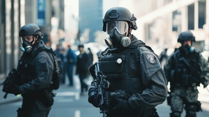 Policemen equipped with body armor and gas masks on city streets, representing heightened security and protection efforts